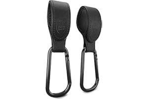 Baby Uma Stroller Hooks for Bags (2 Pack) - Faux-Leather Stroller Clips and Hooks, Universal, 11 lb Weight Capacity per Carabiner, Adjustable & Non-Slip, Baby Travel Essential (Black)