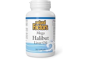 Natural Factors Mega Halibut Liver Oil, 90 Softgels, Vitamin A = 10,000 IU, Vitamin D3 = 400 IU, Helps to Maintain Eyesight, 