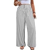 Eytino Womens Plus Size Wide Leg Pants Elastic High Waist Striped Casual Palazzo Pants Lounge Trouser with Pockets (1X-5X)