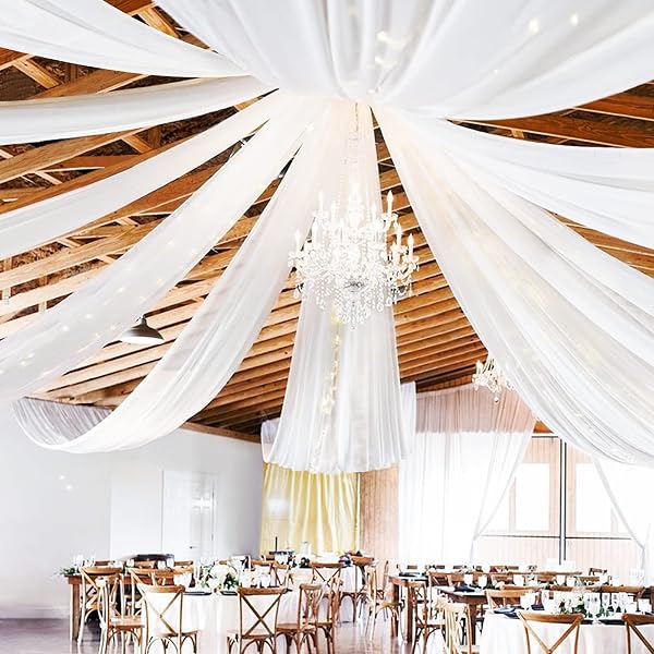 SHOWGEOUS 4 PANELS WHITE CEILING DRAPES FOR WEDDING CEILING DRAPES 5FTX45FT WEDDING ARCH DRAPING FABRIC SHEER CURTAINS VOILE CHIFFON DRAPERY DRAPING DECORATIONS FOR PARTY CEREMONY STAGE
