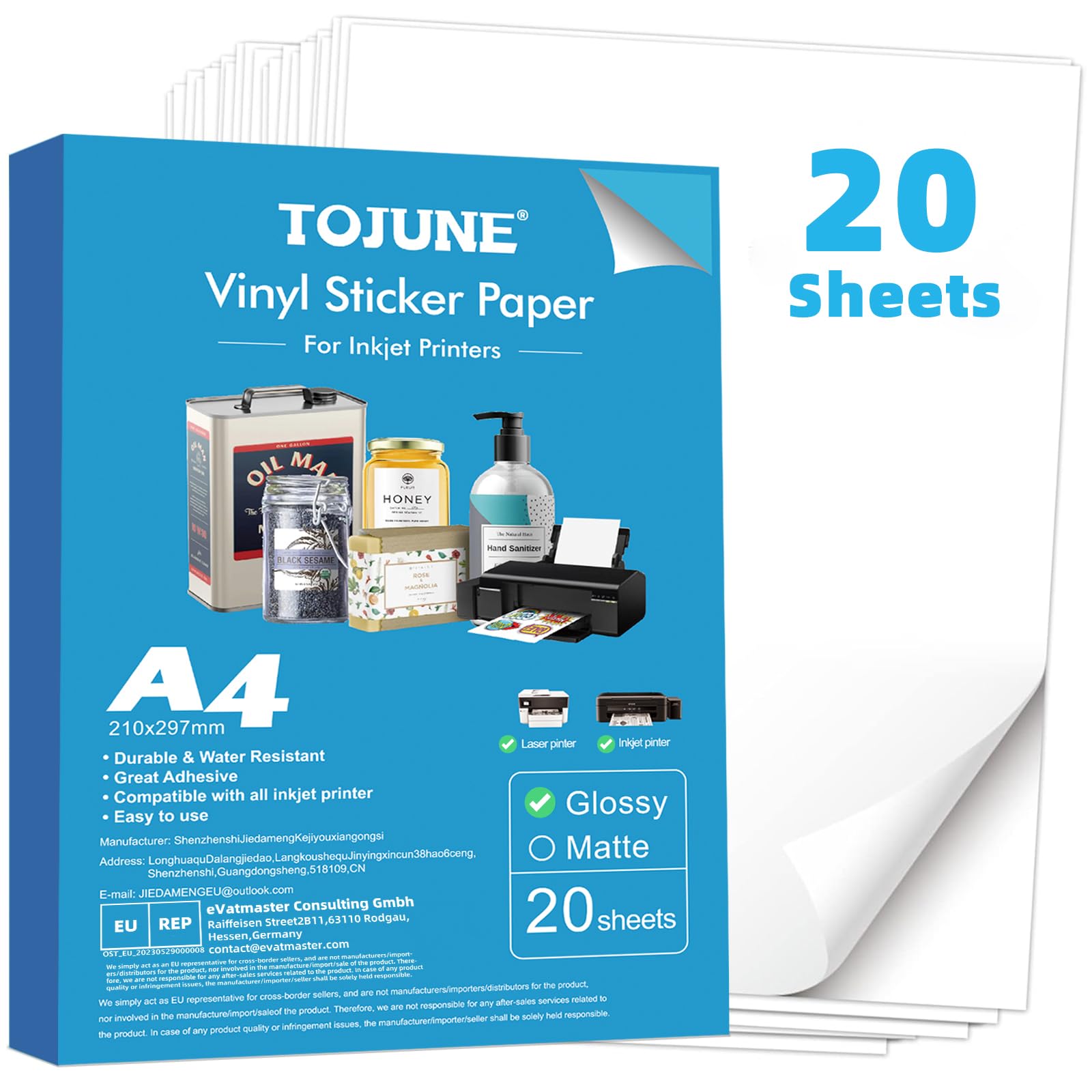 TOJUNE Bedruckbares Vinyl-Aufkleberpapier für Tintenstrahl- und Laserdrucker, A4, 21 x 29.7 cm, Wasserfest, Beliebiger Schnitt, Selbstklebende Rückseite (20 Stück) (Farbige Diamantstruktur)