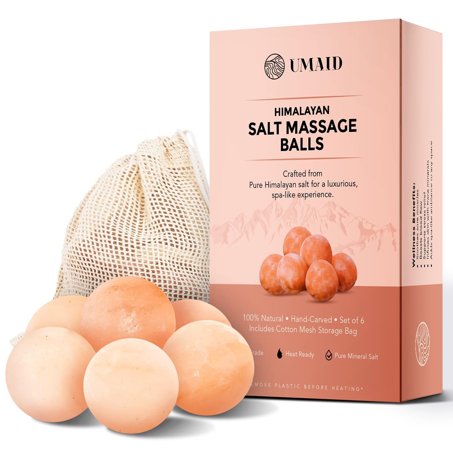 Photo 1 of UMAID Himalayan Salt Massage Balls 6-Pack with Cotton Mesh Bag, Natural Therapy Stones for Hot & Cold Muscle Relief, Relaxation & Spa Massage, Warm in Microwave or Chill in Freezer