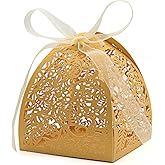KPOSIYA Pack of 70 Laser Cut Rose Candy Boxes, Favor Boxes 2.5"x 2.5"x 3.1", Gift Boxes for Bridal Shower Anniverary Birthday Party Wedding Favor Gold (Rose box 70)