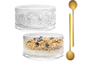 Swetwiny Glass Bowl Serving Bowl, 15.5oz Crystal Glass Salad Bowl Set of 2, Clear Embossed Trifle Bowl for Dessert, Ice Cream