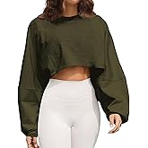 Meladyan Women Long Sleeve Crewneck Crop Top Sweatshirt Casual Solid Loose Fit Workout Cropped Pullover Tops Army Green