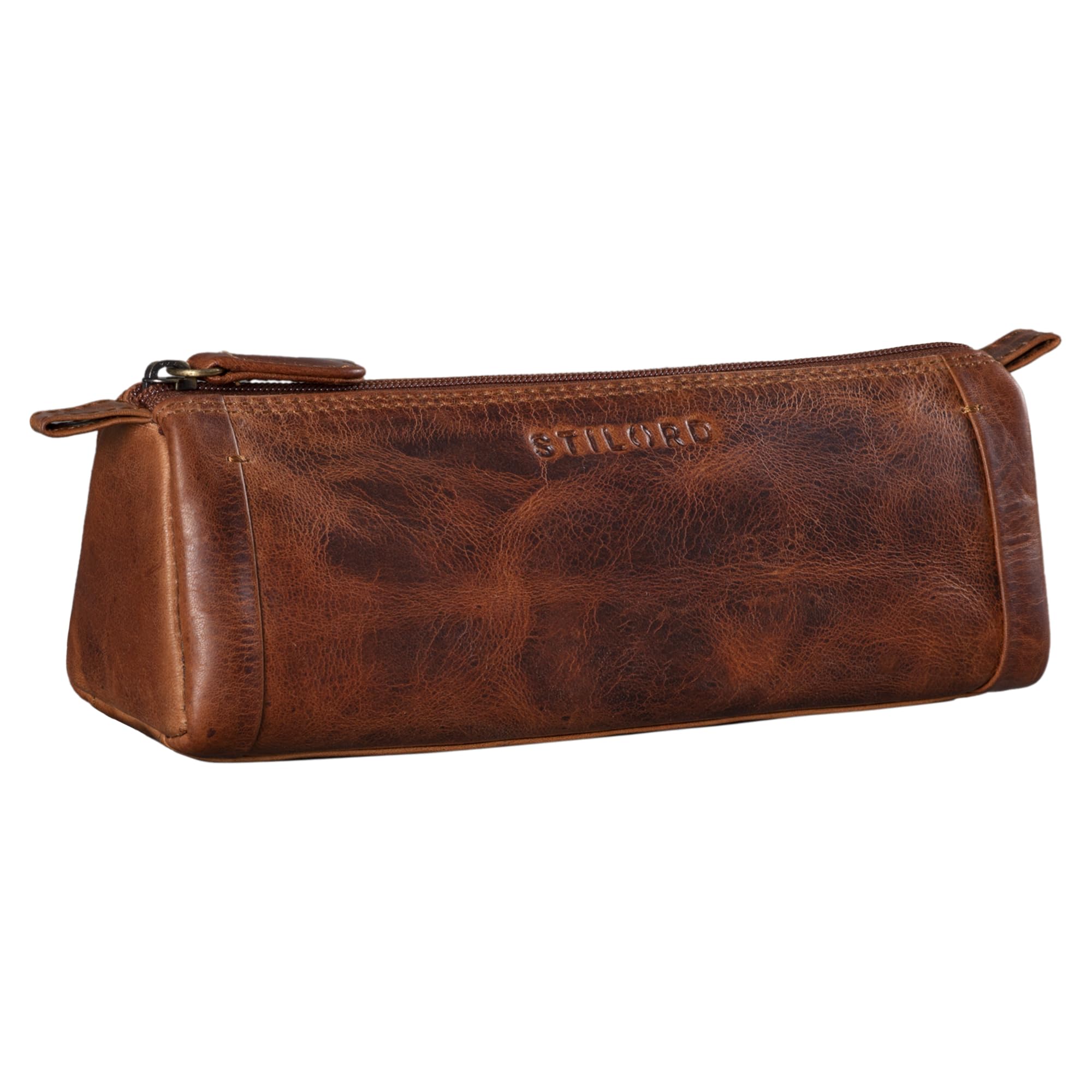 STILORD "Freddie" Vintage Leather Pencil Case Classic Pen Pouch for Women Men Stationary Slim Pen Holder Pen Sleeve Brush Case in Genuine Leather Colour:Kara - Cognac