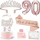 90th Birthday Decorations Gifts for Women, Including 90 year old Birthday Cake Topper, Queen Sash with Pearl Pin, Sweet Rhinestone Tiara Crown, Number Candles and Balloons Set, Rose Gold