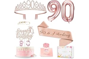 8pcs 90th Birthday Decorations for Women, Including 90 Birthday Cake Topper, Birthday Queen Sash with Pearl Pin, Sweet Rhines