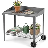 DDK Outdoor Metal Potting Bench with Wheels, Storage Shelf, Dark Gray | 35.5"H, Rustproof All-Weather Metal, Raised-Edge Worktop, Wire Mesh Shelf, Sturdy No-Wobble Design, Easy Assembly