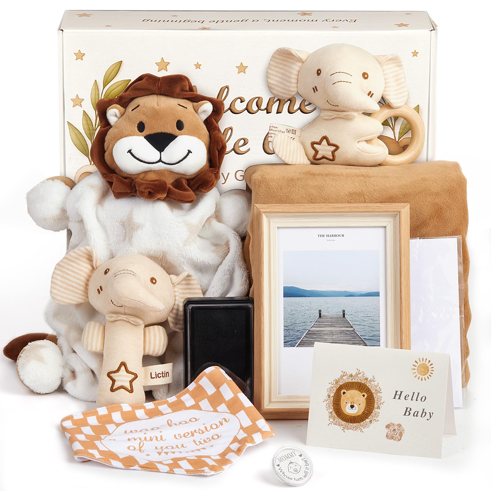 Lictin Baby Shower Gifts, Newborn Baby Gifts Basket, Unisex Baby Gift Set with Baby Blanket, Baby Security Blanket, Baby Rattle, Baby Bib, Decison Coin, Keepsake Footprint, Infant Gift Set