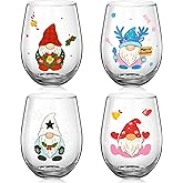 Hushee Set of 4 Christmas Wine Glasses Christmas Gnome Glasses Drinkware Xmas Stemless Wine Glass for Home Housewarming Creative Gifts Teacher Men Woman Family Friends Coworkers Holiday Party Decor