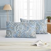Cozaline King Size Pillowcases Set of 2, 100% Cotton Pillow Cases, Blue Paisley Print, Soft Breathable Envelope Closure Pillow Covers(King, 20"x36")