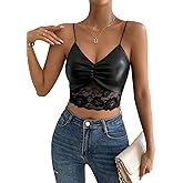 SweatyRocks Women's Faux Leather Lace Crop Tops Ruched V Neck Camisole Bustier Bralette