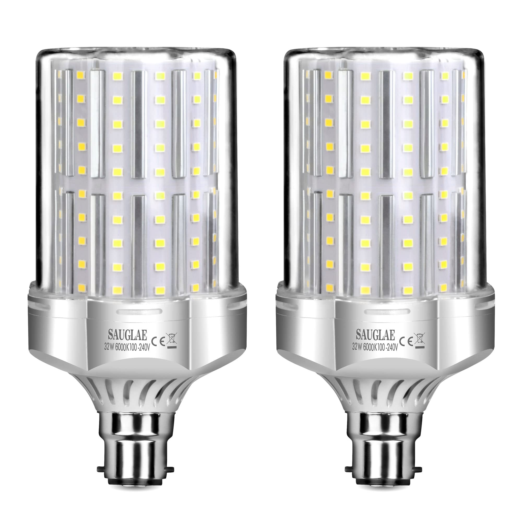 SAUGLAE 32W LED Light Bulbs, 260W Incandescent Bulbs Equivalent, B22d Bayonet Cap, 3600Lm, 6000K Daylight White, Pack of 2