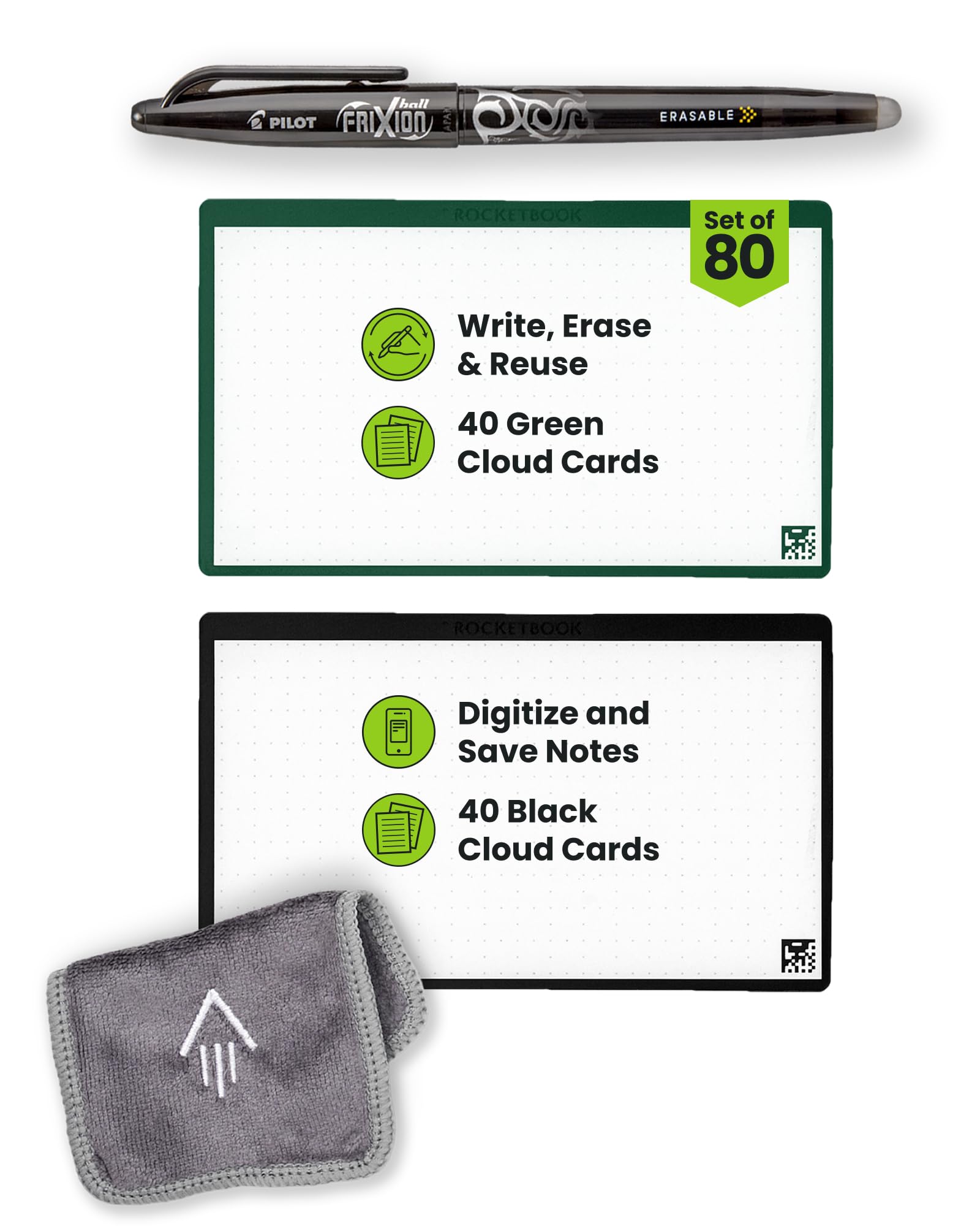 ROCKETBOOK Cloud Cards - Reusable Index Note Cards with 1 Pilot FriXion ColorStick Pen & 1 Microfiber Cloth Included - Single Set of 80