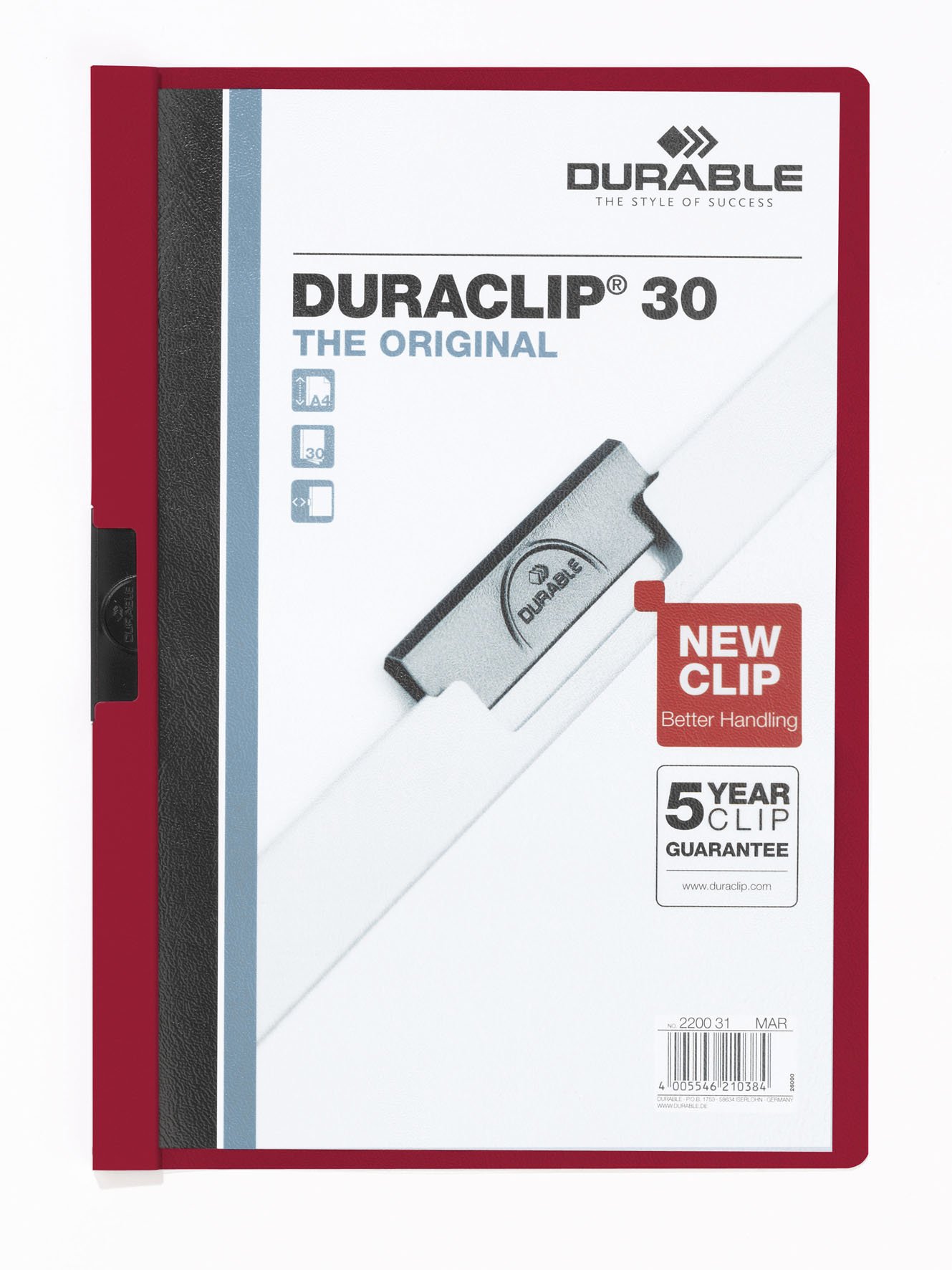 Durable DURACLIP 30 A4 Clip Folder - Holds Up to 30 Sheets of A4 Paper - Strong Metal Sprung Clip - Pack of 25 Dark Red Colour Folders for Organising Documents — image 1