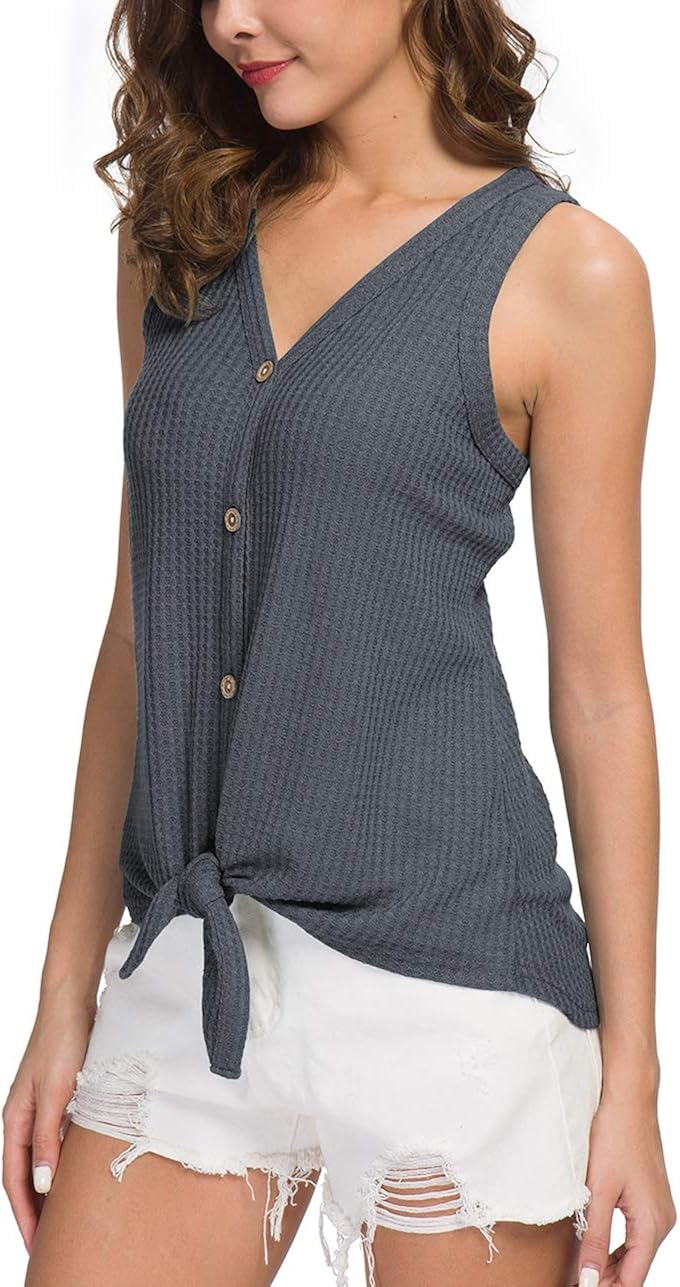 IWOLLENCE Womens Waffle Knit Tunic Blouse Tie Knot Henley Tops Loose Fitting Plain Shirts at  Women’s Clothing store