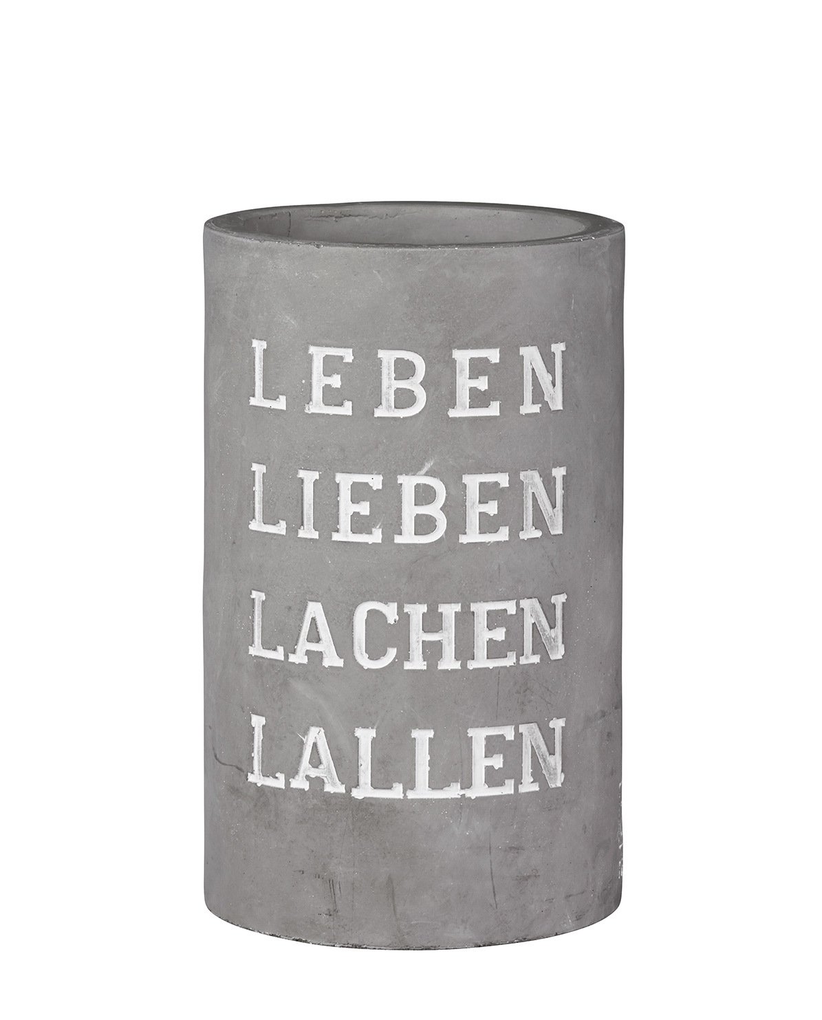 Wheels pet vino - concrete wine cooler, “Leben lieben”13.5 cm diameter, height 21.5 cm.