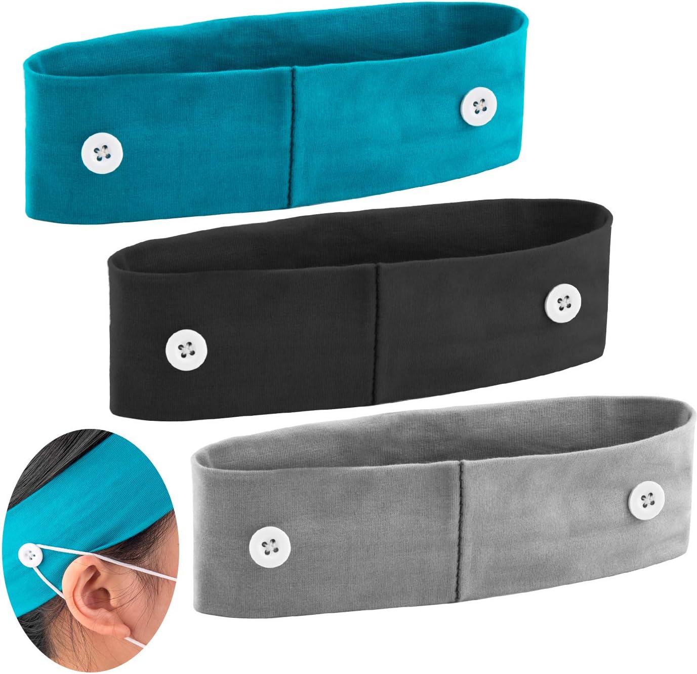 KONUNUS 3 Pieces Button Headband for Holding Mask, Elastic Yoga Sport Cotton Headband Women Men Hair Band Head Wrap for Ears Protection