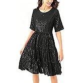 JKLESA Sequin Babydoll Summer Dress,Sparkly Glitter Dress Short Flowy Tiered Tunic Dress for Women Party Club Night
