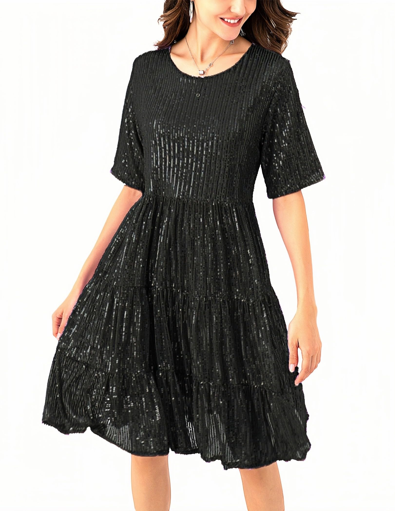 Photo 1 of JKLESA Sequin Babydoll Summer Dress?Sparkly Glitter Dress Short Flowy Tiered Tunic for Women Party Club Night (US, Alpha, Medium, Regular, Regular, Black)