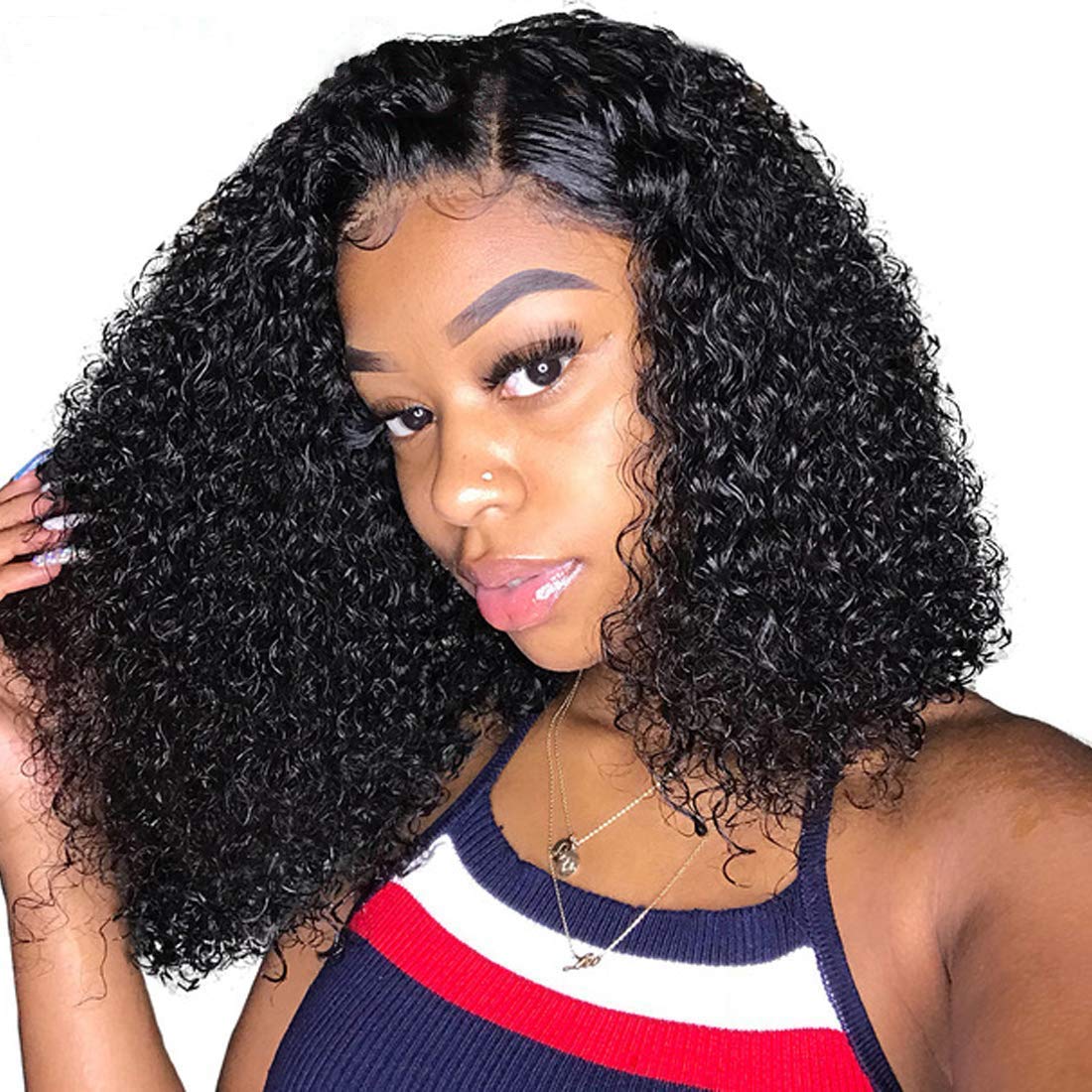 Ali Julia Hair Short Curly Bob Wig Glue 13x4 Lace Front Human Hair Culy Wigs for Women 180% Density,Pre Plucked with Baby Hair 10A Malaysian Virgin Curly Hair Wigs Natural Black Color 10inch