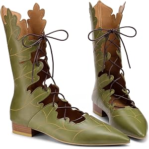 JenPen Women Fashion Leaf Shaped Block Low Heel Flat Boots Pointed Toe Lace up Short Booties Casual Vintage Gothic Shoes
