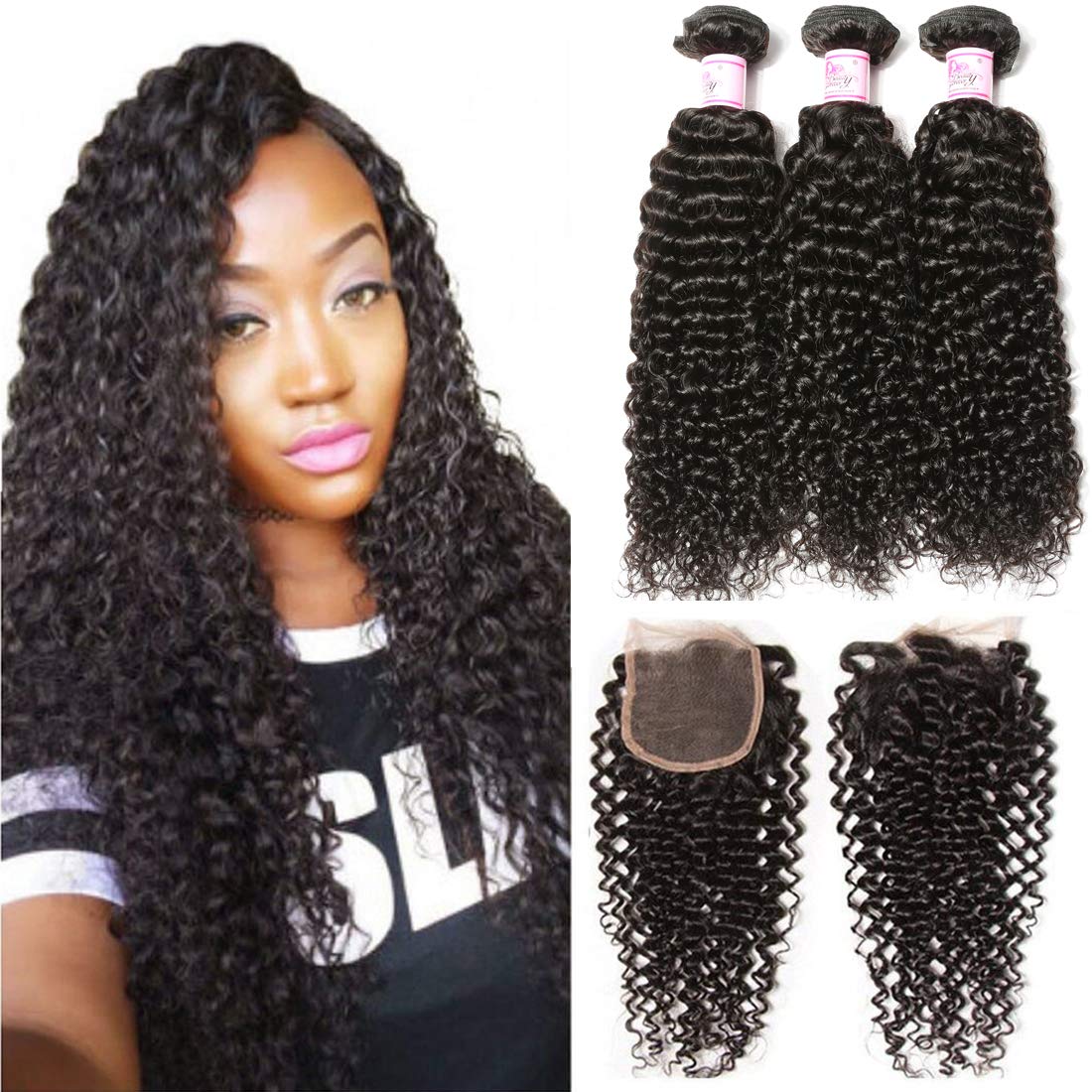 B&F Hair Unprocessed Brazilian Virgin Curly Hair Weave 3piece/lot Bundles with 1piece Free Part Lace Frontal Closure 100% Human Hair Extensions Nature Color (12 14 16+ 10closure)