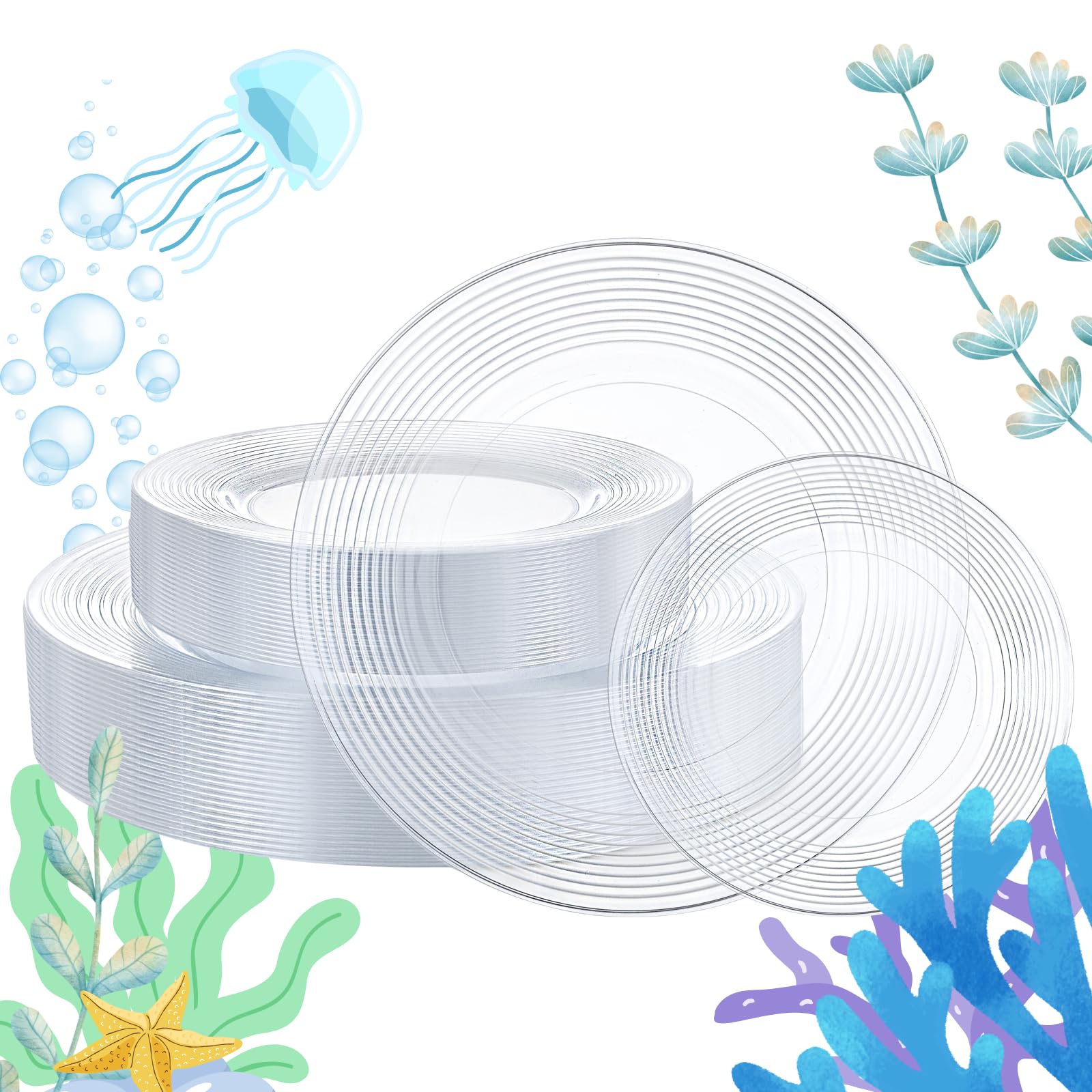 Photo 1 of FLOWERCAT 100PCS Clear Plastic Plates - Heavy Duty Plastic Plates Disposable -Straw hat plate for Summer party &Wedding - Serve for 50guests party(10inch & 7inch)(Clear)