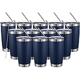 COMOOO 20oz Double Wall Vacuum Insulated Travel Mug Bulk Stainless Steel Tumbler with Lid and Straw Durable Powder Coated Insulated Coffee Cup for Cold & Hot Drinks (Navy, 12 pack