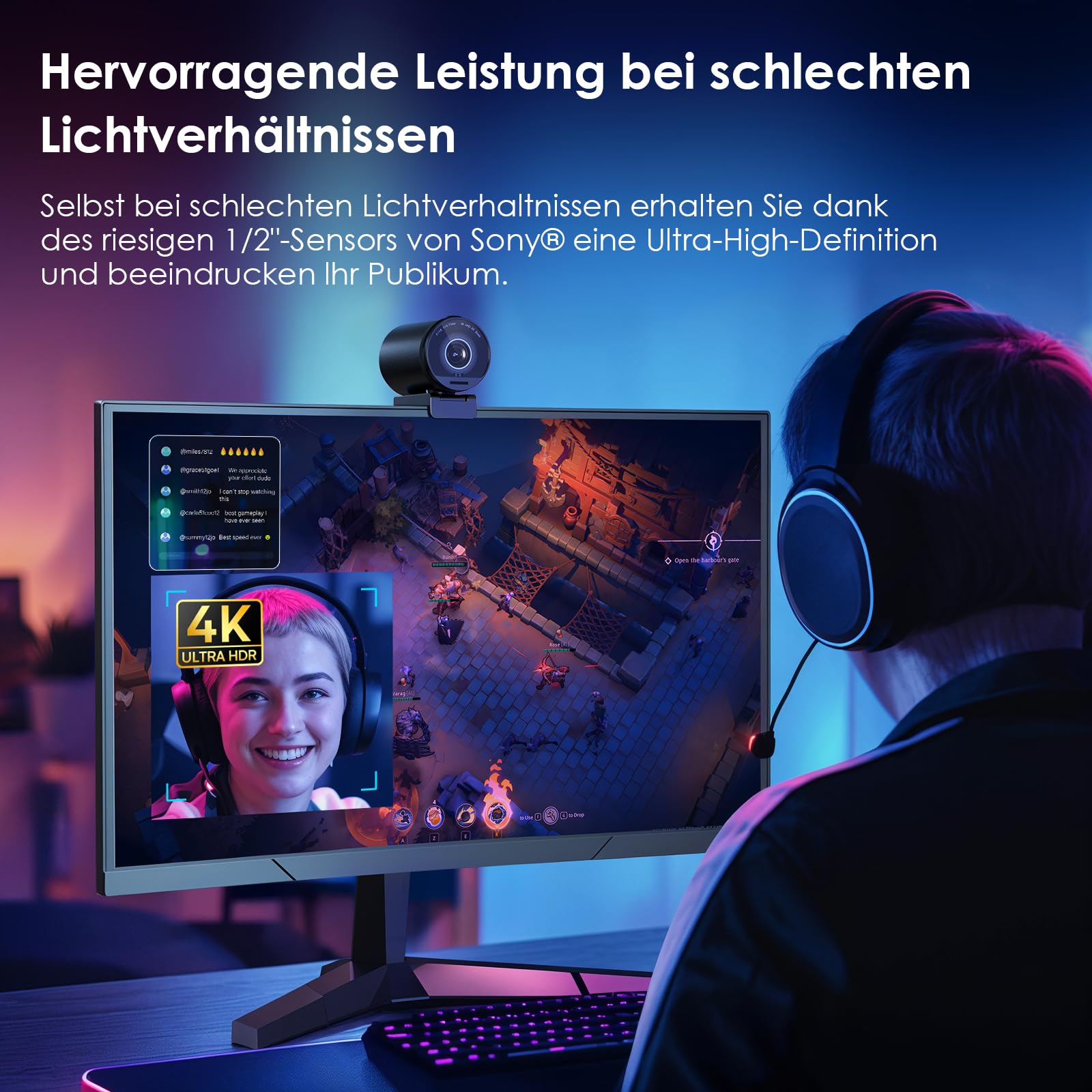 EMEET Webcam 4K S800, Ultra 4K Webcam mit 2 Mikrofonen mit Rauschunterdrückung, 73° Sichtfeld, Lichtkorrektur, Datenschutzabdeckung, 1080p@60FPS HDR, Web cam 1080p für Live-Streaming, Gaming, Zoom 7