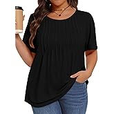 Plus Size Tops for Women Pleated Summer Top Trendy Short Sleeve Shirts Casual Basic Tee Crew Neck Blouses