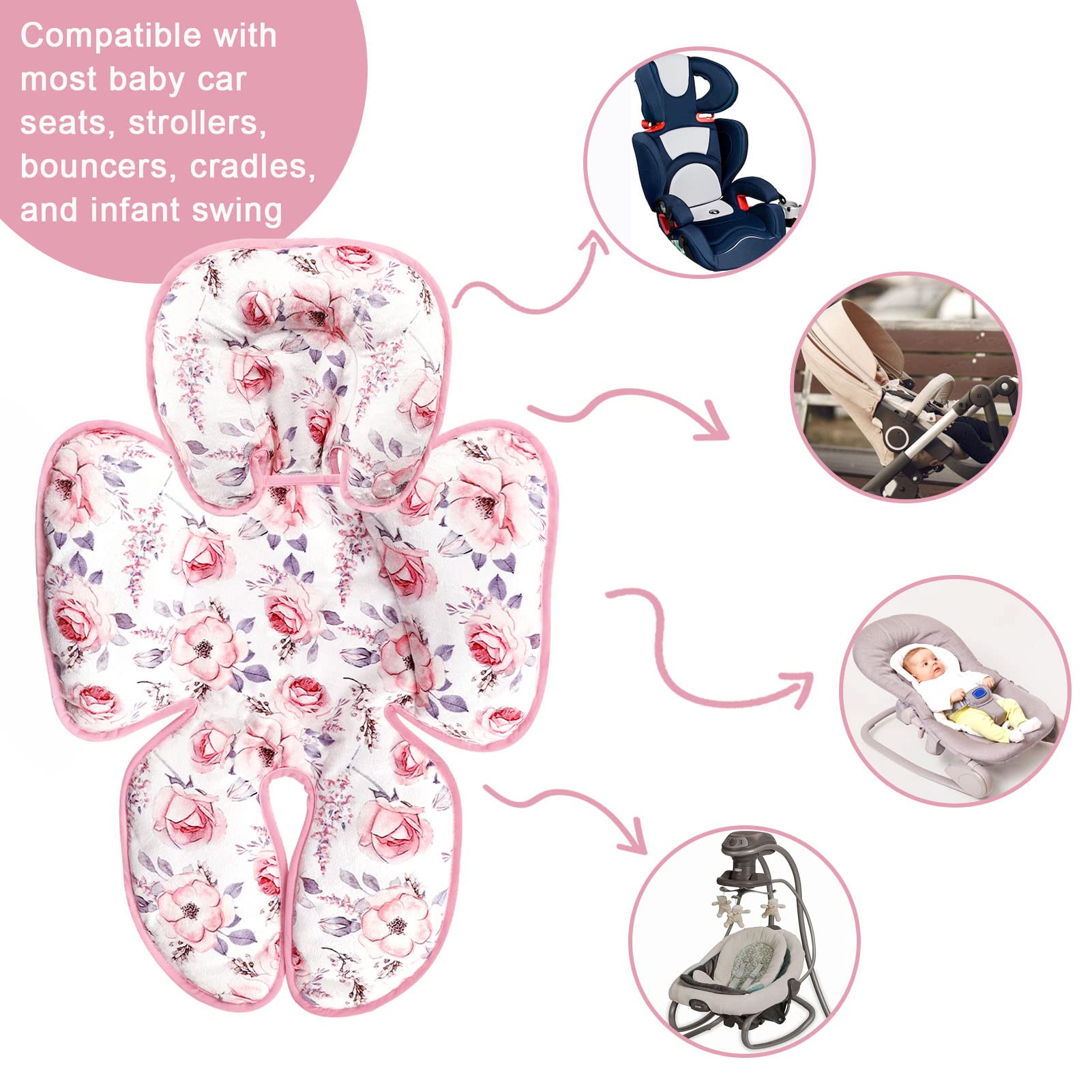 SWESEN Baby Carseat Head & Body Support, Infant Headrest Cushion, Newborn Car Seat Insert for Strollers, Bouncers, Swing, Pink Floral