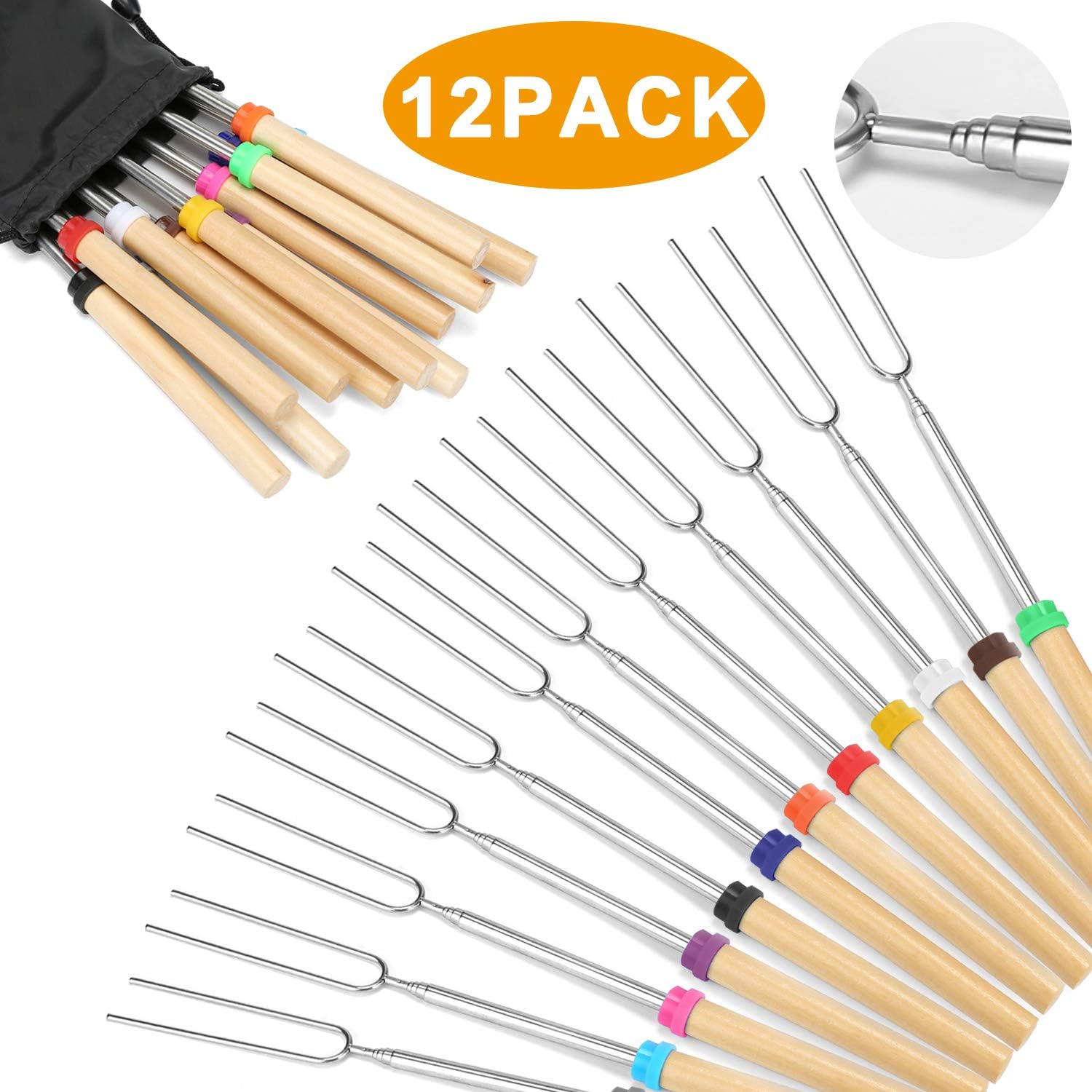 Marshmallow Roasting Sticks Wooden Handle Set of 12 Smores Skewers Telescoping Forks 32 inch with Portable Bag for Hot Dog Campfire Camping Stove BBQ Tools : Garden & Outdoor