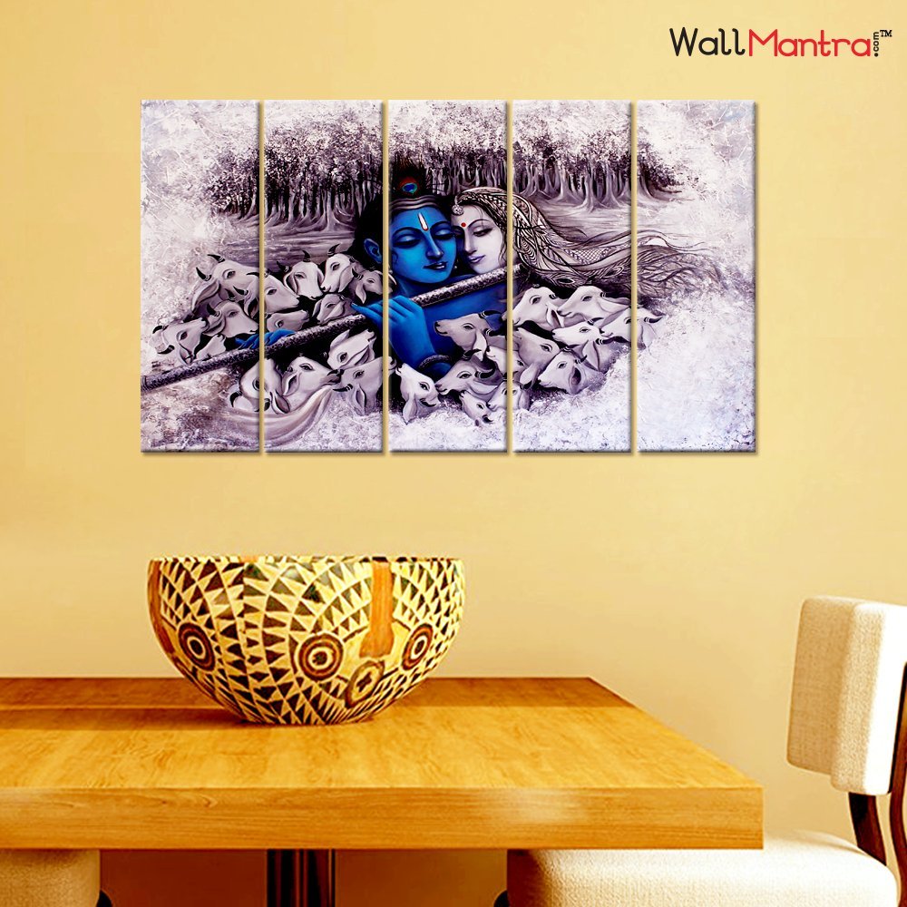 WallMantra Radha Krishna Spiritual Romantic Wall Painting / 5 Pieces Canvas  Print Wall Hanging/Stretched and Framed on Wood / 44" W x 24" H/Home Decor  for Living Room, Bedroom, Office Decoration: Amazon.in: