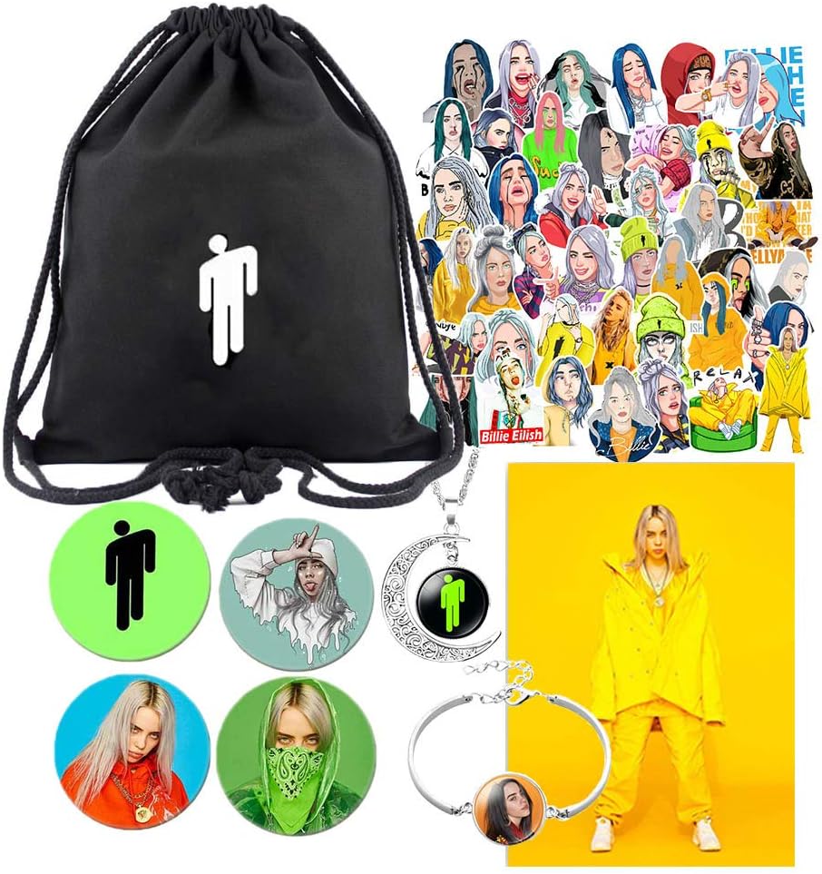 Billie Eilish Gift Set -1 Pack Drawstring Bag Backpack,50 Stickers,4 Button Pins,1 Poster,1 Keychain,1 Bracelet,1 Necklace Set For Fans