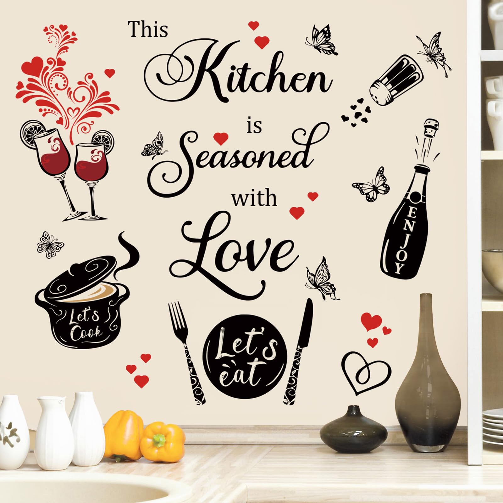 Wondever Kitchen Quotes Wall Stickers - 'This Kitchen is Seasoned with Love' Red Heart Peel & Stick Wall Art Decals for Dining Room, Restaurant, Fridge