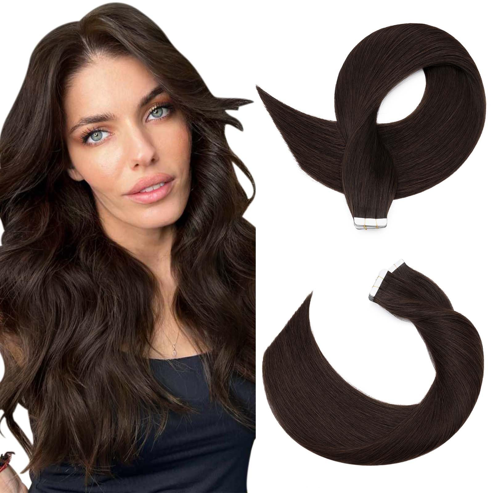 SEGOHAIR Tape in Hair Extensions Human Hair, 16" Invisible 10Pcs Real Hair Straight Natural Remy Tape Hair Extensions - Dark Brown — image 1