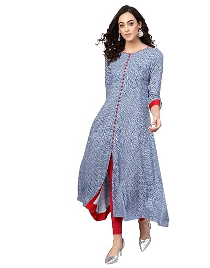 Women's Rayon Geometric Print A-Line Kurta (Blue)