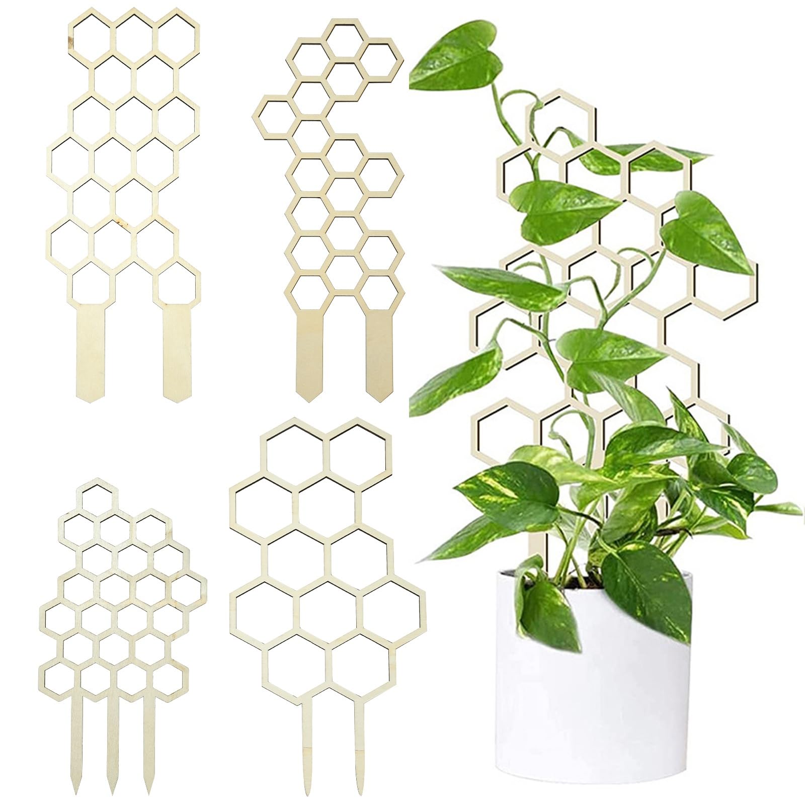 Airssory 4 pcs 4 Styles Honeycomb Shaped Wooden Plant Climbing Garden Trellises Vine Potted Plant Grid Climbing Support for DIY Indoor Outdoor Flowers Home Graden Embellishments Crafts