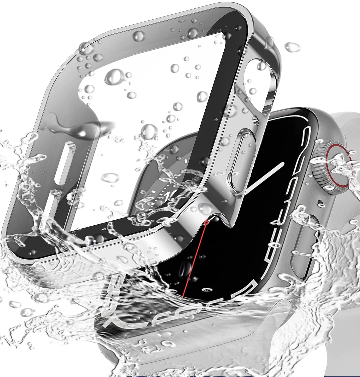 Miimall Waterproof Tempered Glass Case Compatible with Apple Watch Series 8/Series 7 45mm, PC Screen Protector Shell All-Around Protection Plating Frame Film Case For iWatch 45mm-Silver