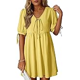 Dokotoo Summer Dresses for Women 2026 Casual V Neck Bow Tie Short Sleeve Empire Waist A-Line Mini Dress