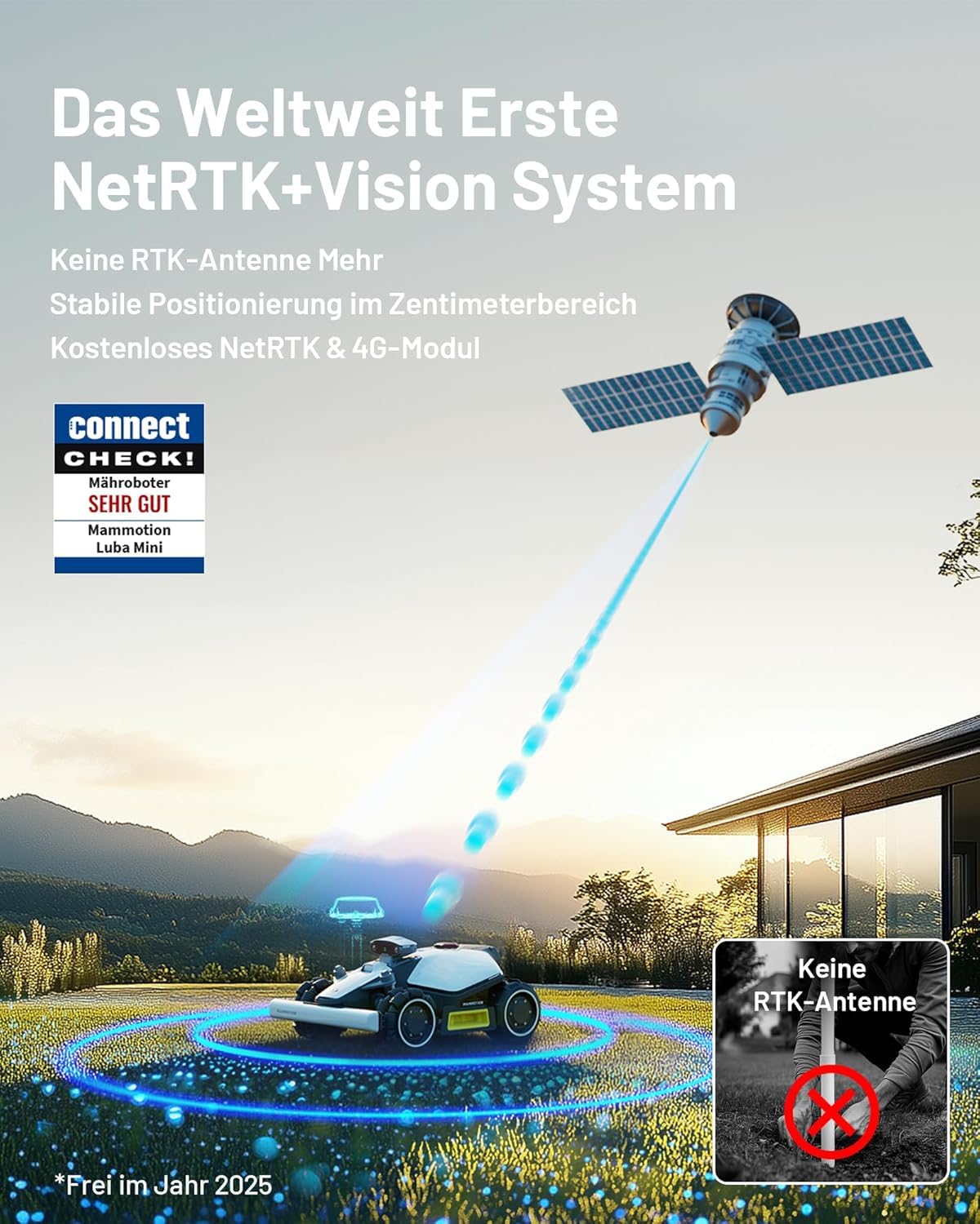 MAMMOTION LUBA mini AWD 800 Mähroboter ohne Begrenzungskabel, NetRTK+Vision, Keine RTK-Antenne erforderlich, Auto-Kartierung, Empf. 800m², Max. 1000m², mit 4G-Modul, 80% Steigung 3