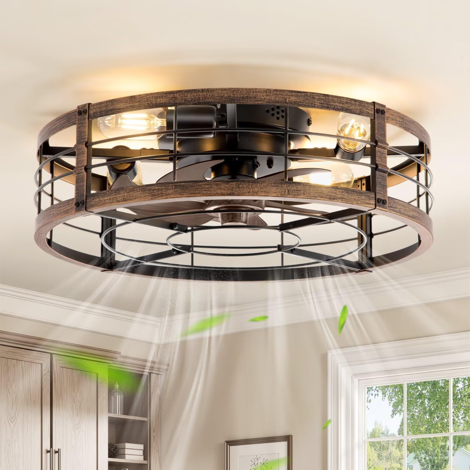 Photo 1 of LEDIARY 20" Caged Ceiling Fan with Light and Remote, Low Profile Flush Mount Fandelier, Black Gold Bladeless Enclosed Small Fan Lights Ceiling Fixtures, Rustic Farmhouse Style for Bedroom, Outdoor