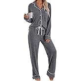 LILLUSORY Women's Long Sleeve Pajama Set - Soft Button-Down Top & Comfortable Drawstring Pants with Pockets