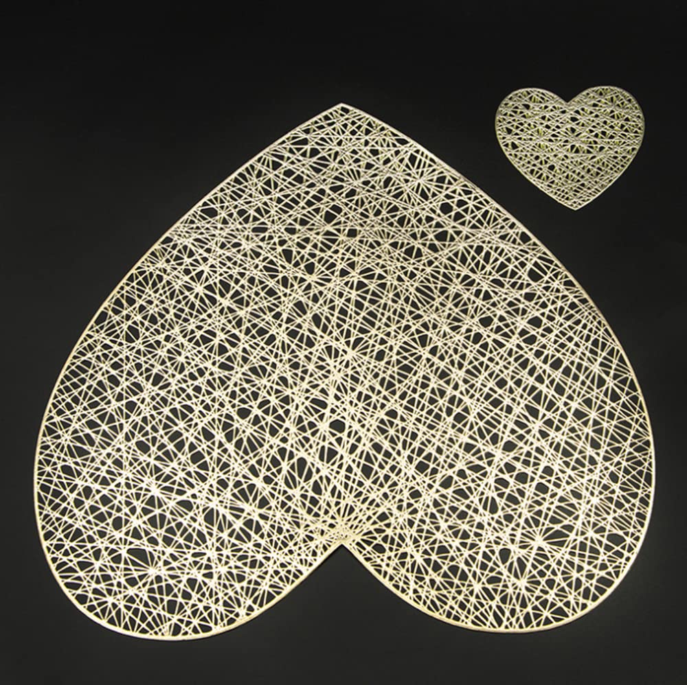 Heart Gold Placemats, 6 Pack Decorative Placemats Round Placemat PVC Placemats Hollow Table Place Mats Washable for Dining Table (Gold)