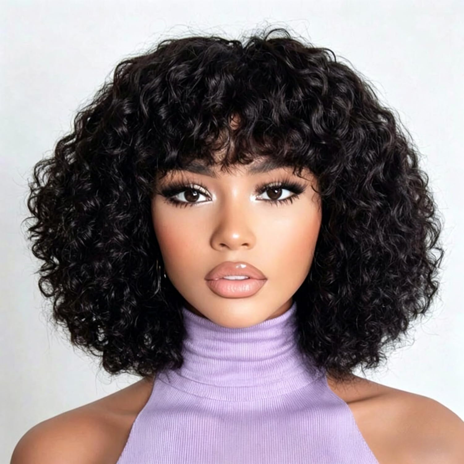 Curly Wig With Bangs 12 Inch Bob Wig With Fringe for Black Women Human Hair Curly Hair Fringe Wigs Natural Black Bob Wigs 180% Density Easy to Wear — image 1