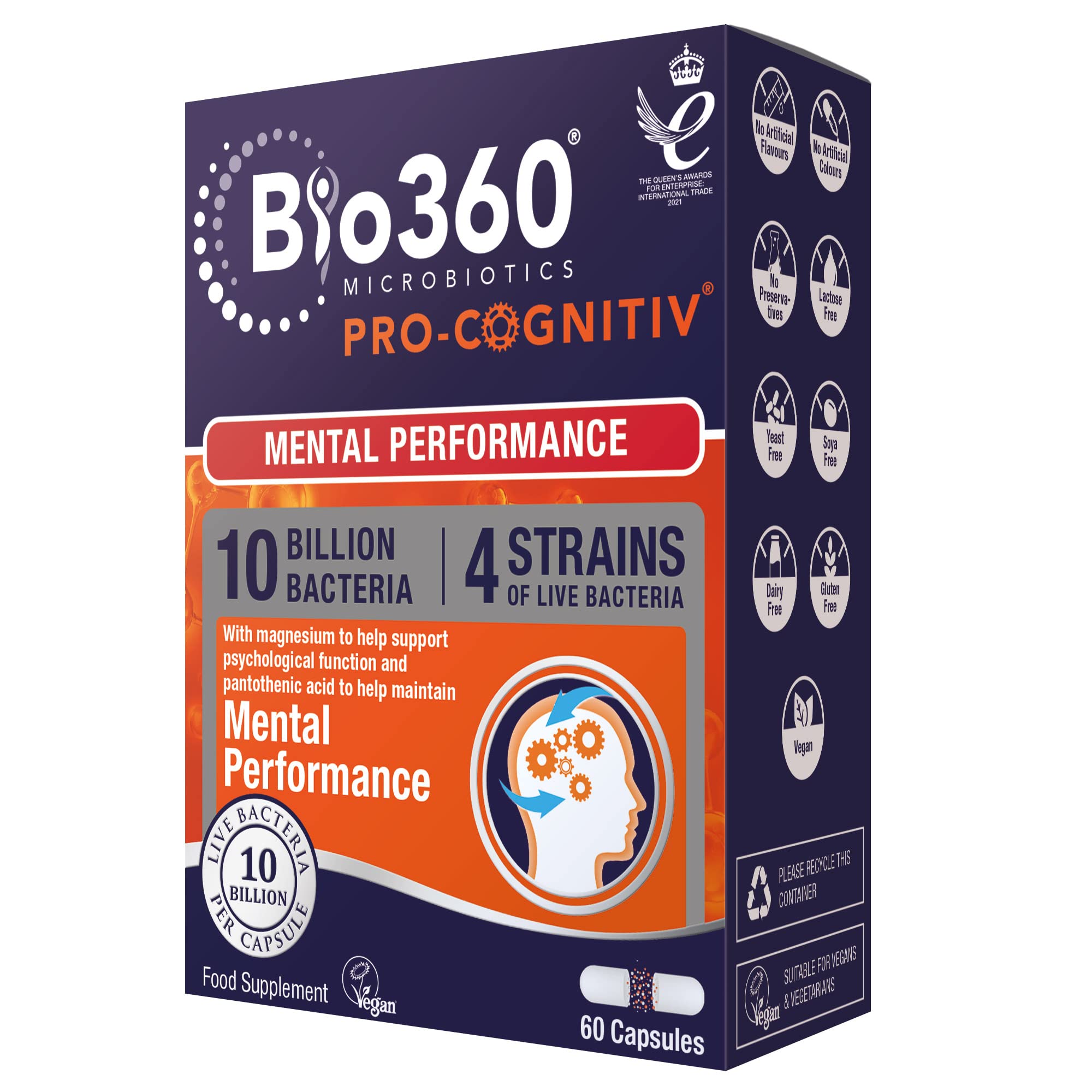 Natures Aid Bio360 Pro-Cognitiv Probiotic 10 Billion Live Bacteria CFU - Supports Brain Health and Mental Performance - High Strength - Vegan, Gluten Free, Non-GMO - 60 Capsules