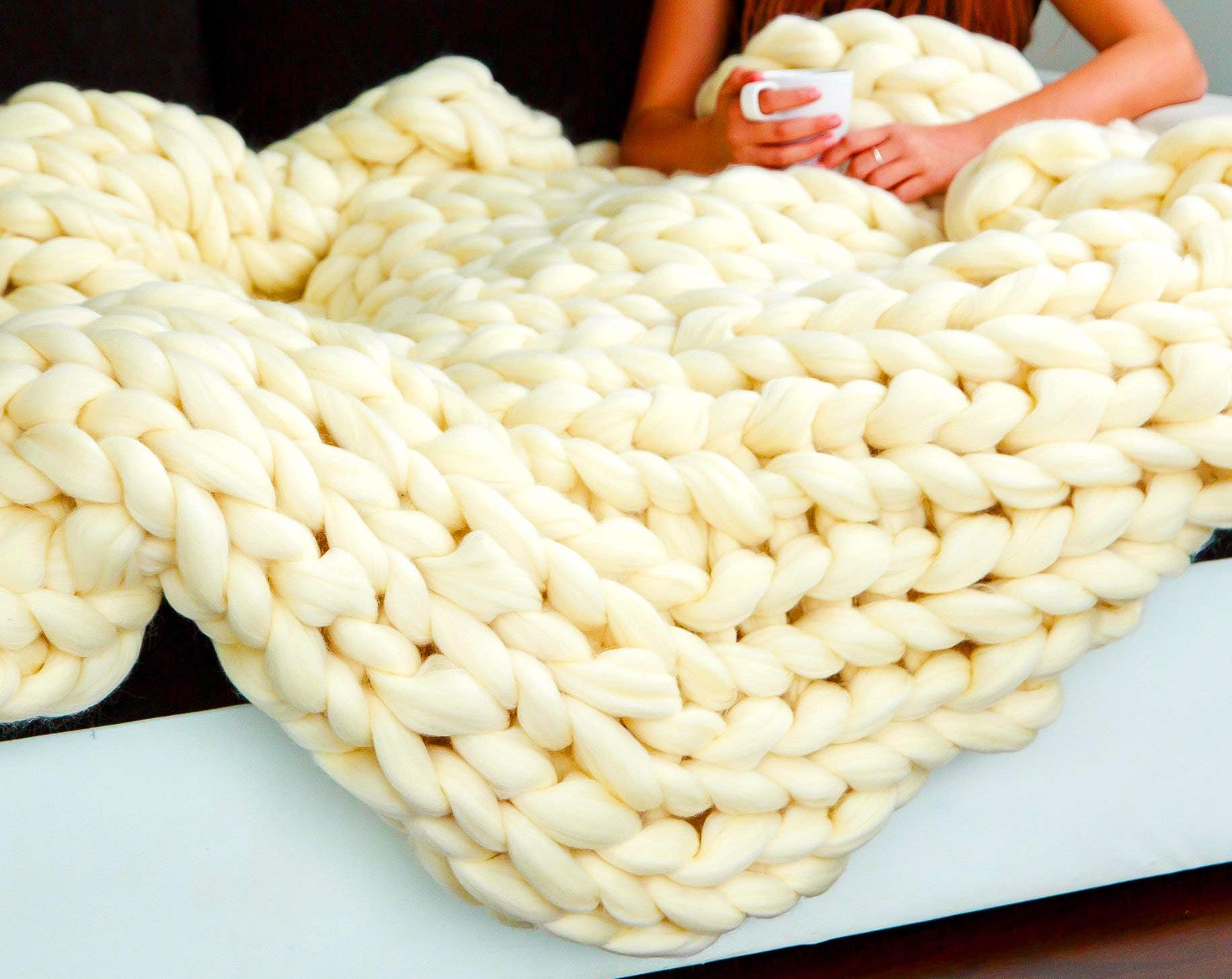 eacho Chunky Knit Blanket Soft Bulky Hand Made Throw for Bedroom Sofa Decor Super Large,Milk White,79"x79"
