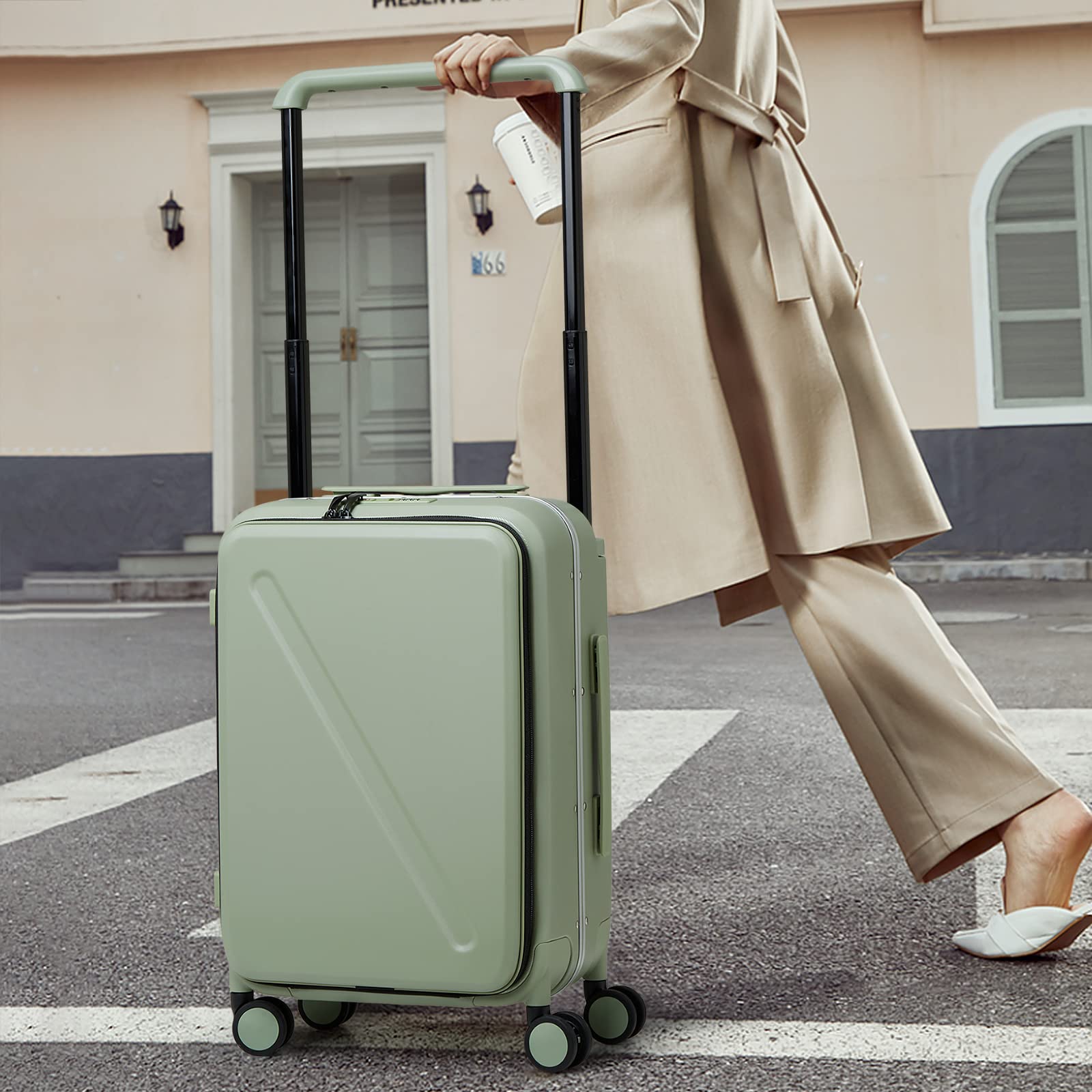 MILADA Luggage Hard Shell Suitcases Airline Approved Carry on Luggage 22x14x9 TSA Approved Luggage 20 Inch Front Opening Pocket Wide Handle Suitcase with Wheels Travel Luggage, Green